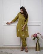 Women's Embroidered Straight Kurti Set with Lace Work Pants