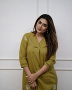 Women's Embroidered Straight Kurti Set with Lace Work Pants