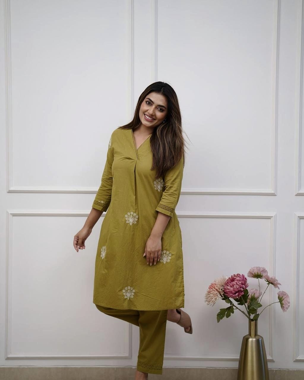 Women's Embroidered Straight Kurti Set with Lace Work Pants