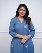 Women's Embroidered Straight Kurti Set with Lace Work Pants