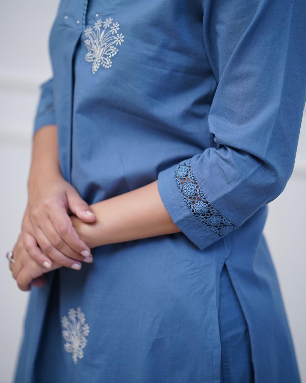 Women's Embroidered Straight Kurti Set with Lace Work Pants