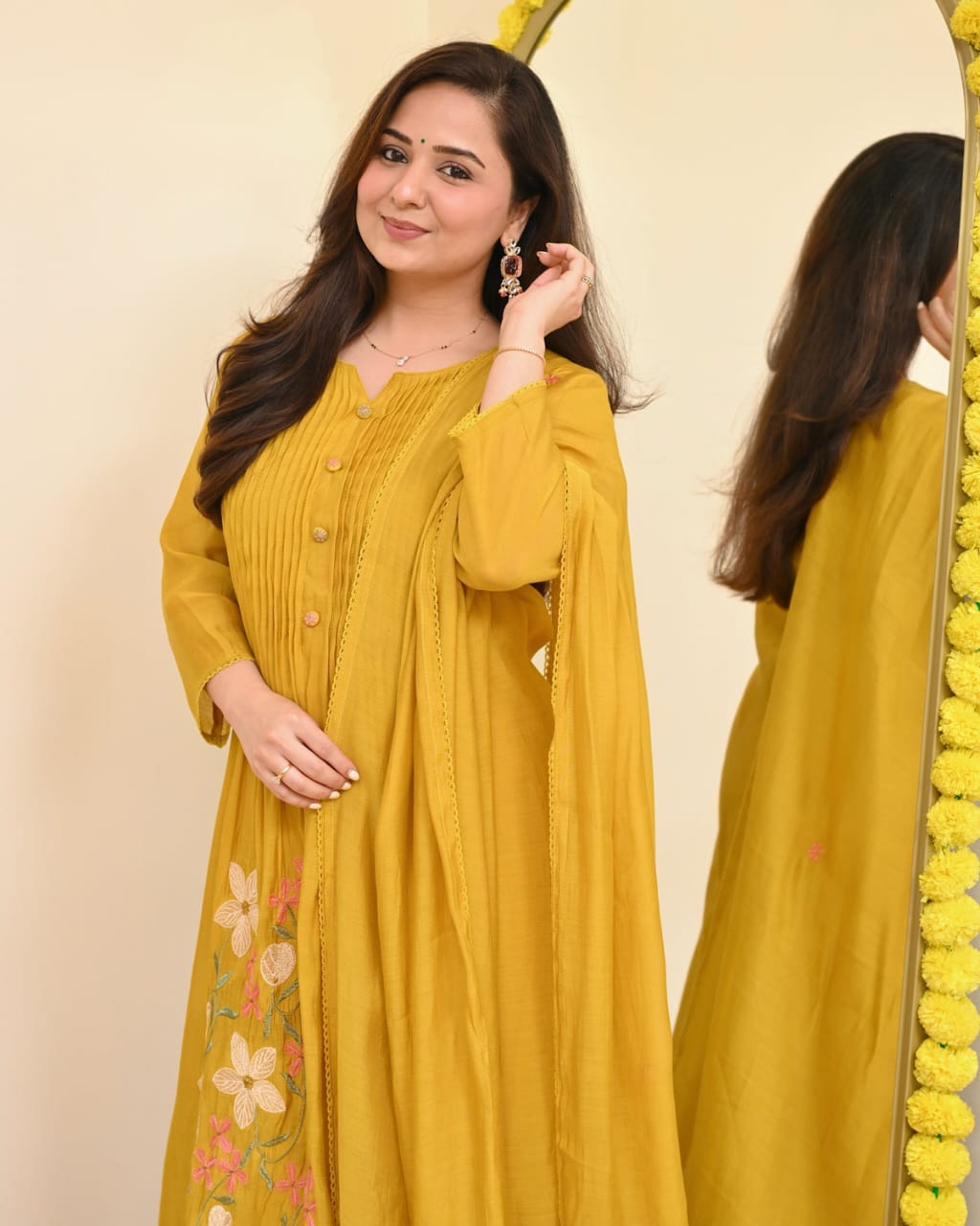 Yellow Printex Cotton Embroidered Anarkali Kurta With Pant & Dupatta