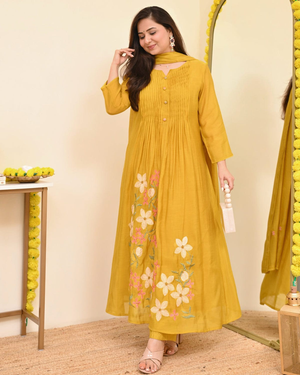 Yellow Printex Cotton Embroidered Anarkali Kurta With Pant & Dupatta
