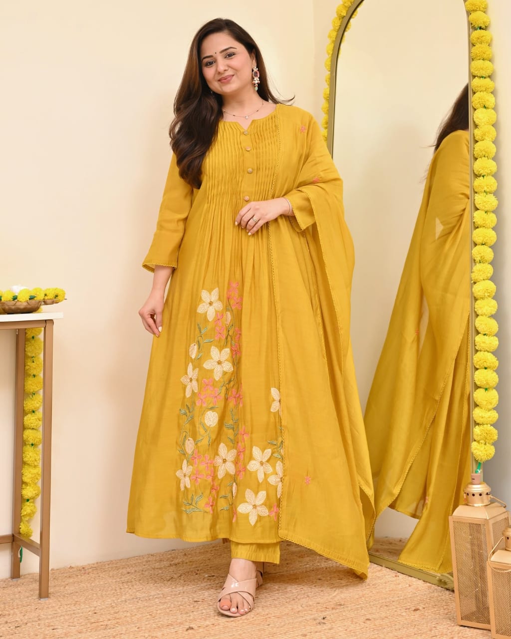 Yellow Printex Cotton Embroidered Anarkali Kurta With Pant & Dupatta