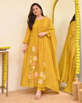 Yellow Printex Cotton Embroidered Anarkali Kurta With Pant & Dupatta