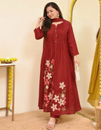 Yellow Printex Cotton Embroidered Anarkali Kurta With Pant & Dupatta