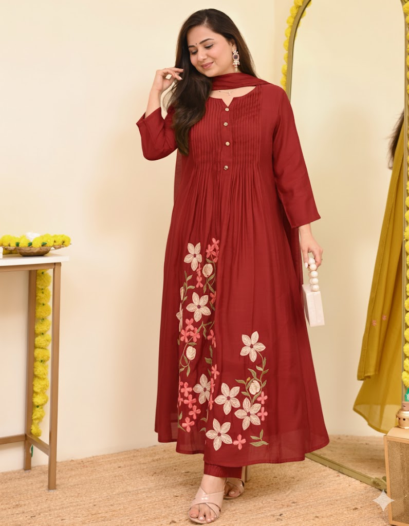 Yellow Printex Cotton Embroidered Anarkali Kurta With Pant & Dupatta