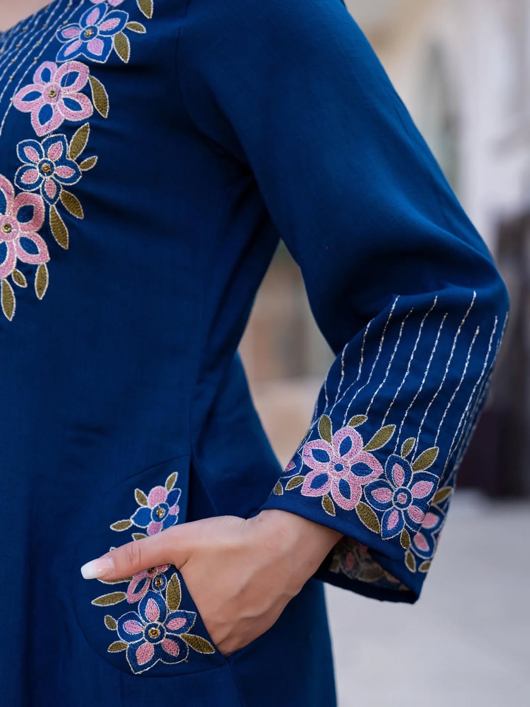 Royal Blue Floral Embroidered Kurta pant and Dupatta Set