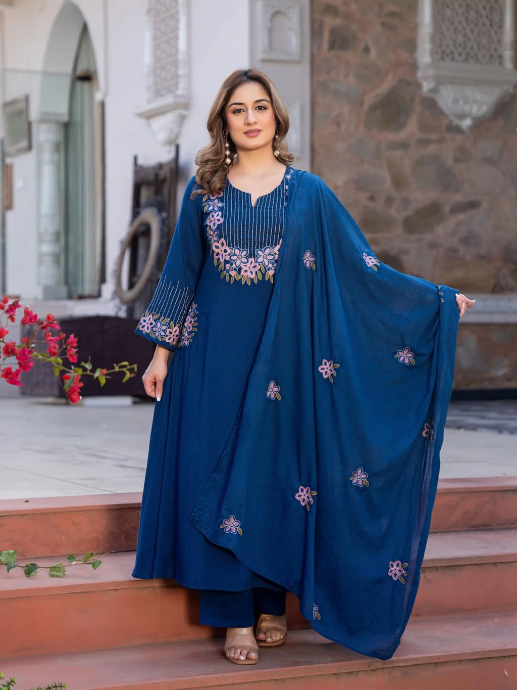 Royal Blue Floral Embroidered Kurta pant and Dupatta Set