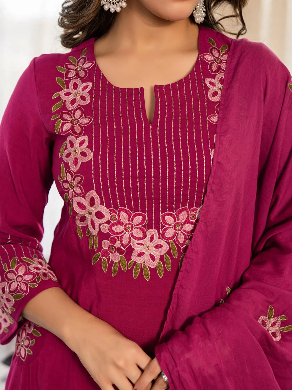 Magenta Floral Embroidered Kurta Pant And Dupatta Set