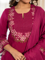 Magenta Floral Embroidered Kurta Pant And Dupatta Set