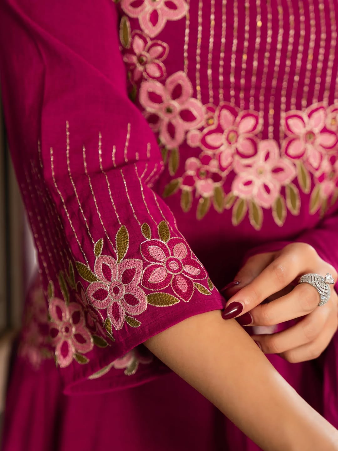 Magenta Floral Embroidered Kurta Pant And Dupatta Set