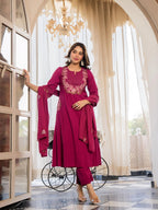 Magenta Floral Embroidered Kurta Pant And Dupatta Set