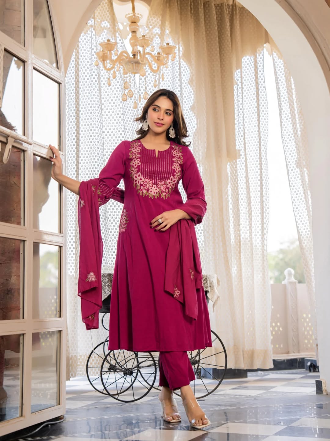 Magenta Floral Embroidered Kurta Pant And Dupatta Set