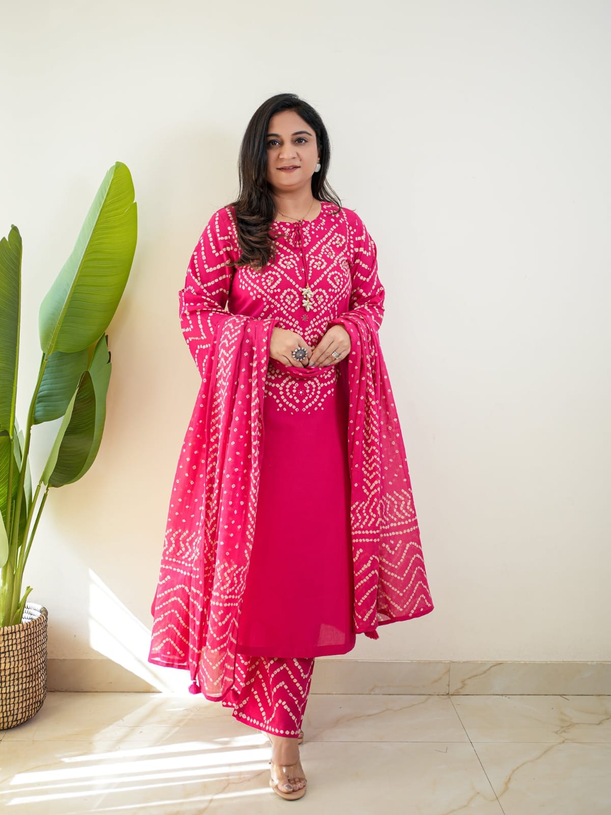 Women's Premium Cotton Bandhani Print Kurta Set with Cotton Dupatta
