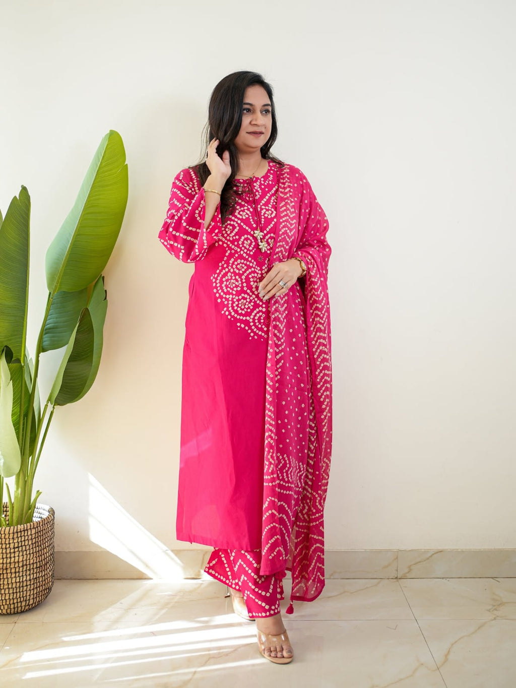 Women's Premium Cotton Bandhani Print Kurta Set with Cotton Dupatta