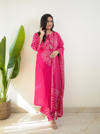 Women's Premium Cotton Bandhani Print Kurta Set with Cotton Dupatta