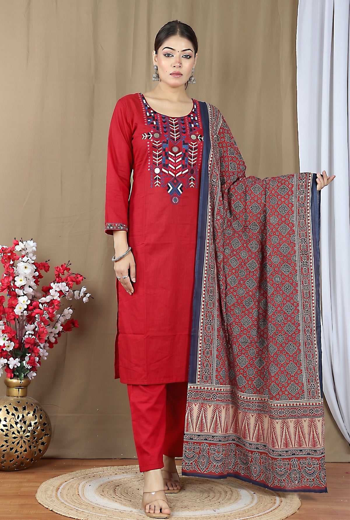 Women's Dabu Cotton Kurta Set with Printed Dupatta
