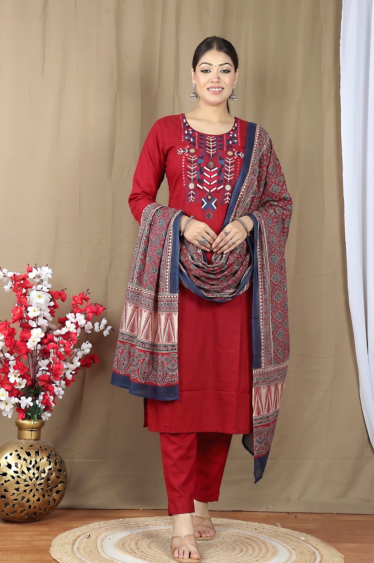 Women's Dabu Cotton Kurta Set with Printed Dupatta