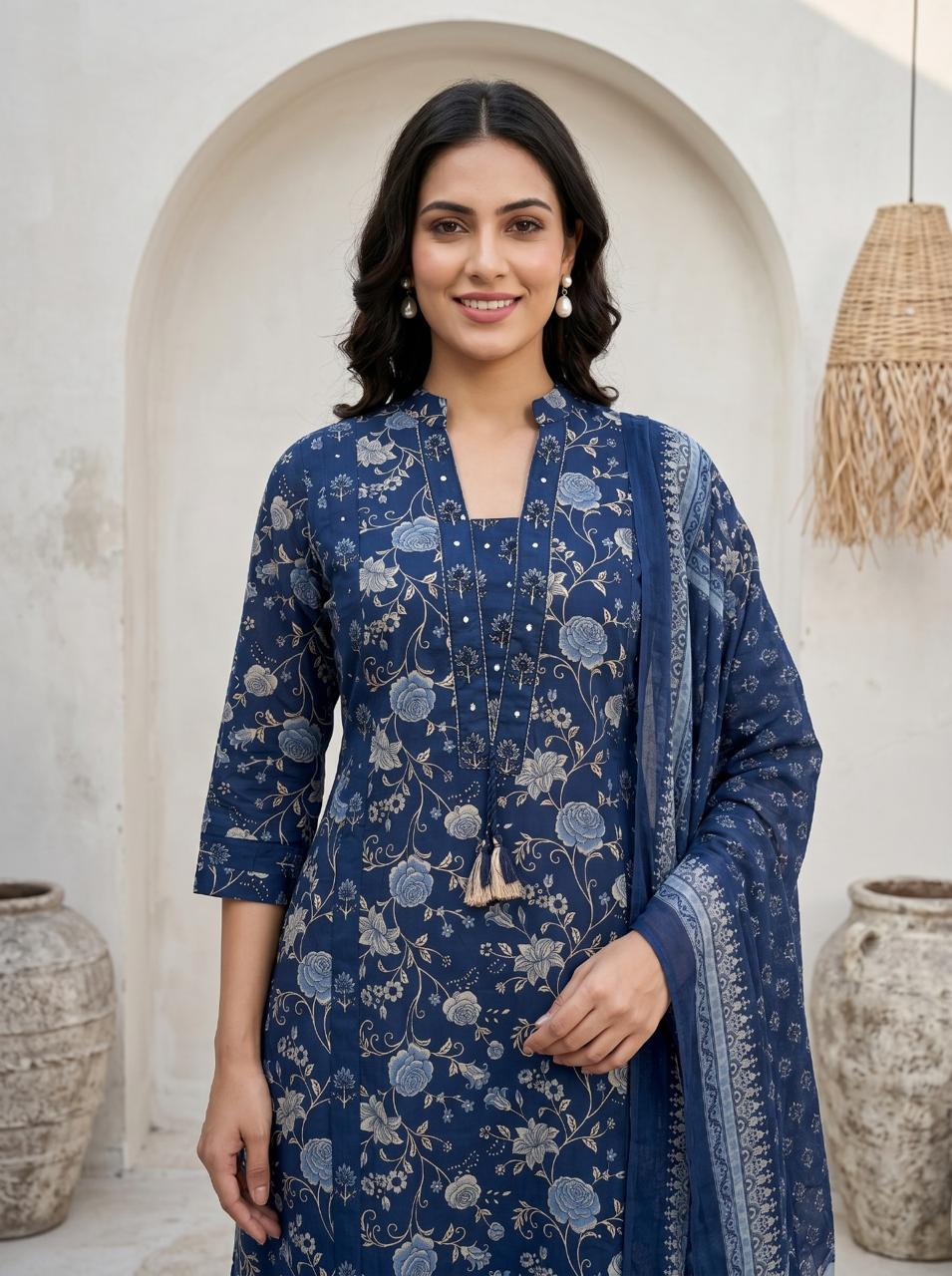 Women's Soft Cotton Kurta Set with Mulmul Dupatta