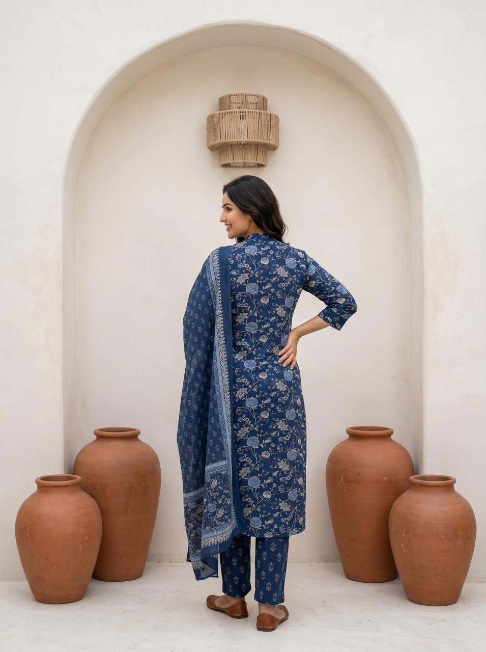 Women's Soft Cotton Kurta Set with Mulmul Dupatta