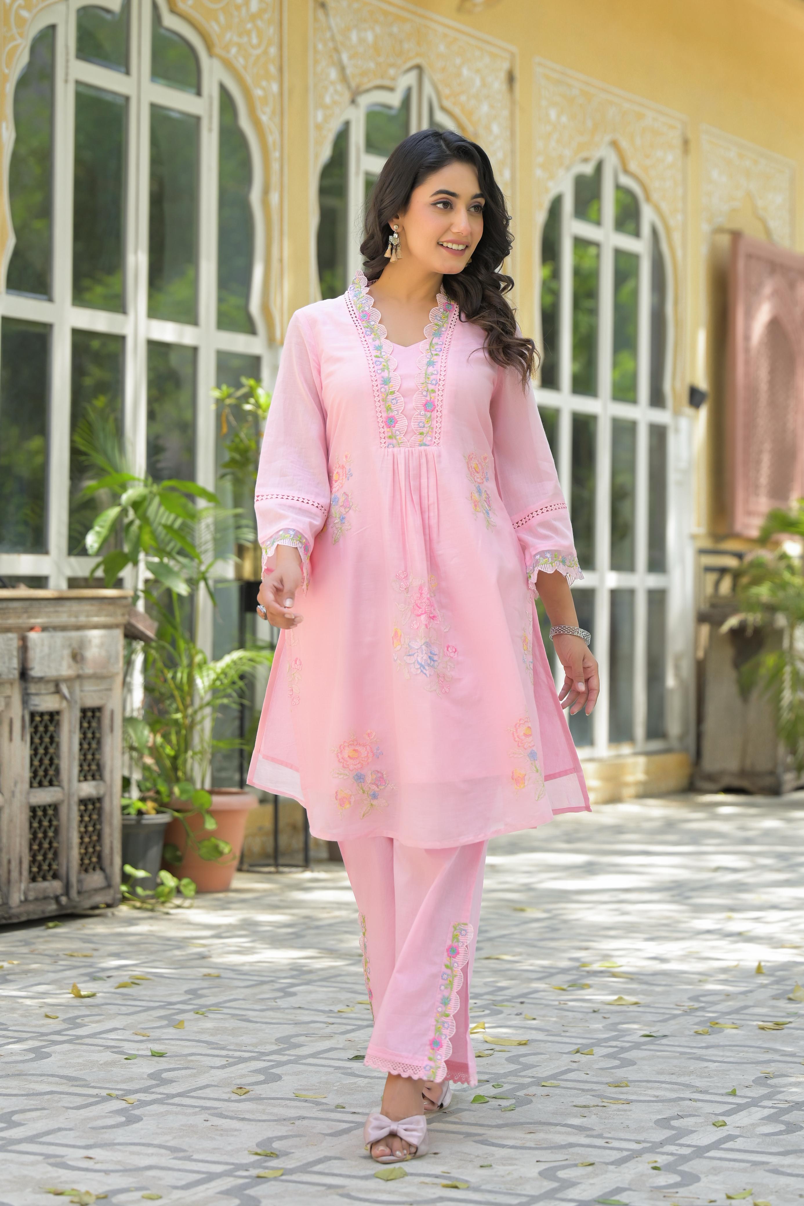 Women's Premium Pure Cotton Embroidered Kurta Pant Co-ord Set