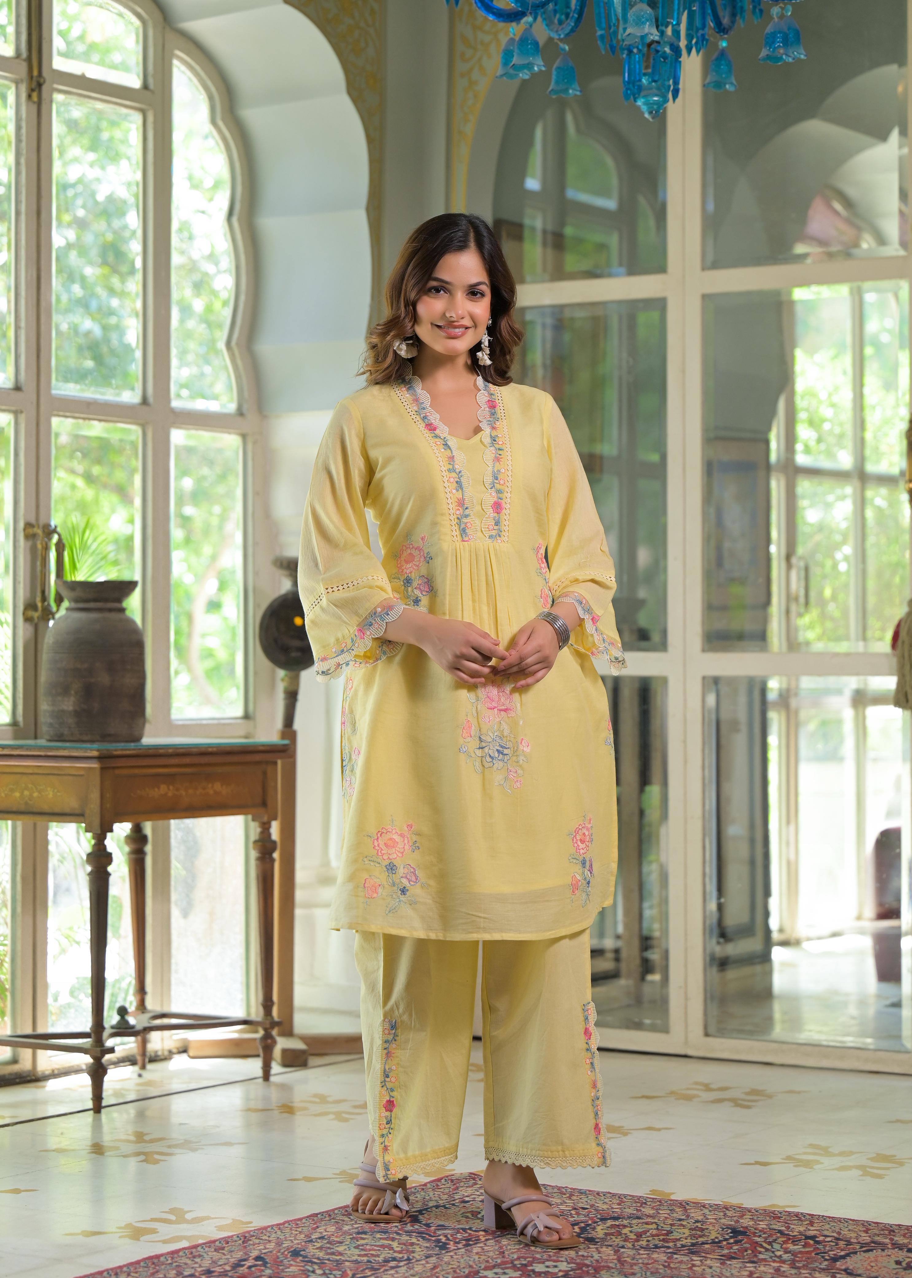 Women's Premium Pure Cotton Embroidered Kurta Pant Co-ord Set