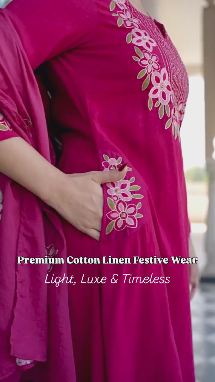 Magenta Floral Embroidered Kurta Pant And Dupatta Set