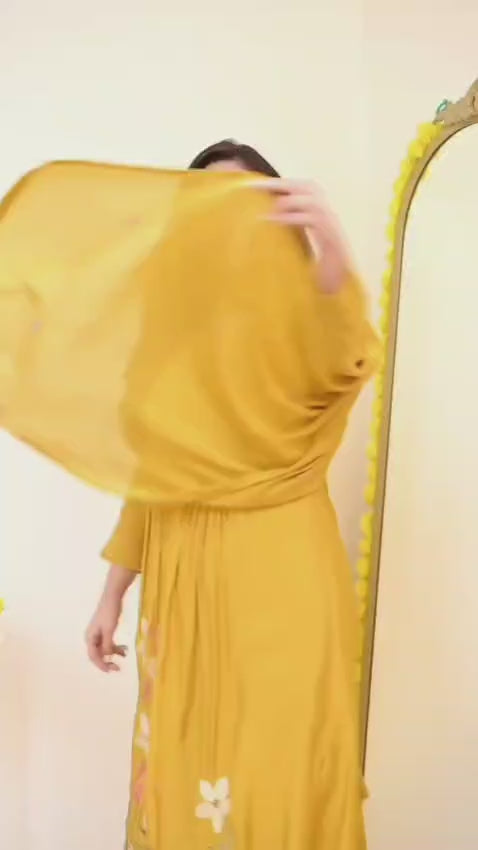Yellow Printex Cotton Embroidered Anarkali Kurta With Pant & Dupatta